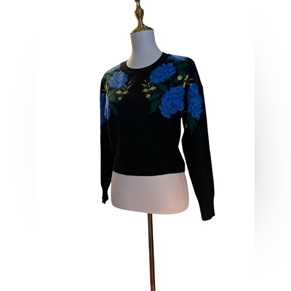Maeve by Anthropologie Camryn Cropped Sweater Black w/ Blue & Yellow Floral - Picture 6 of 14